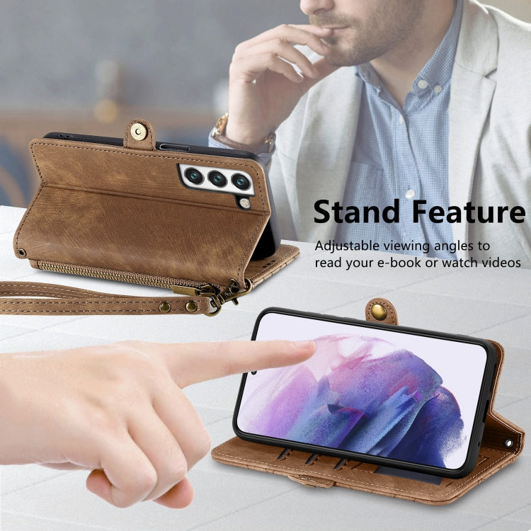 For Samsung Galaxy S22 Ultra 5G Geometric Zipper Wallet Side Buckle Leather Phone Case(Brown) - free shipping - PMC TechLife - Order now!