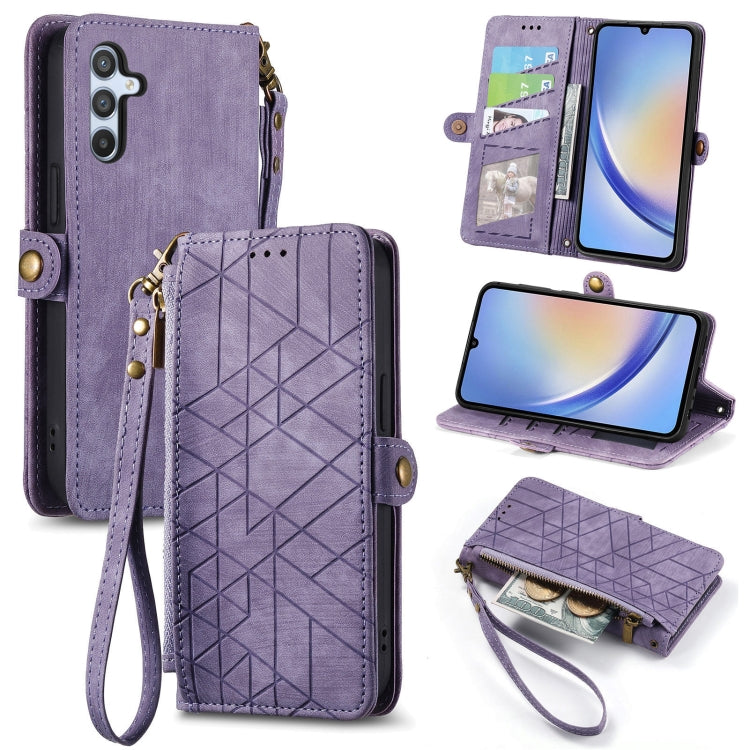For Samsung Galaxy A21S Geometric Zipper Wallet Side Buckle Leather Phone Case(Purple) - free shipping - PMC TechLife - Order now!