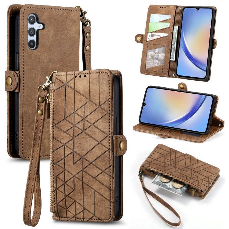 For Samsung Galaxy A52 5G Geometric Zipper Wallet Side Buckle Leather Phone Case(Brown) - free shipping - PMC TechLife - Order now!