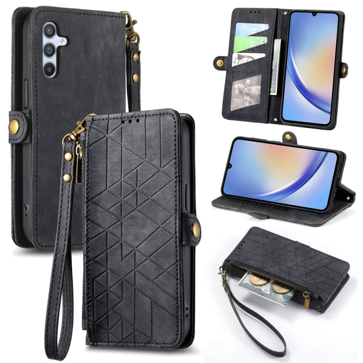 For Samsung Galaxy A22 5G Geometric Zipper Wallet Side Buckle Leather Phone Case(Black) - free shipping - PMC TechLife - Order now!