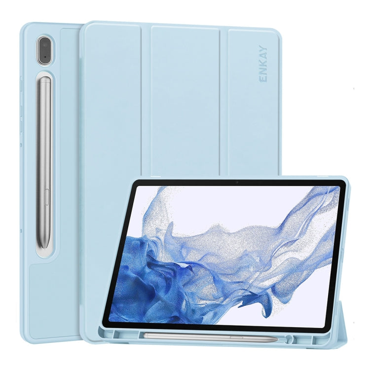 For Samsung Galaxy Tab S9 ENKAY Tri-fold Custer Leather TPU Bottom Smart Case with Pen Slot(Light Blue) - Galaxy Tab S9 Cases by ENKAY | Online Shopping South Africa | PMC Jewellery | Buy Now Pay Later Mobicred