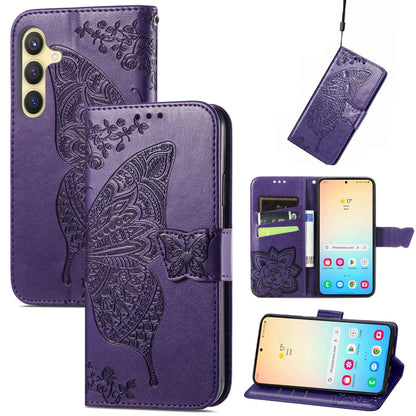 For Samsung Galaxy S25 5G Butterfly Love Flower Embossed Leather Phone Case(Dark Purple) - Galaxy S25 5G Cases by PMC Jewellery | Online Shopping South Africa | PMC Jewellery | Buy Now Pay Later Mobicred