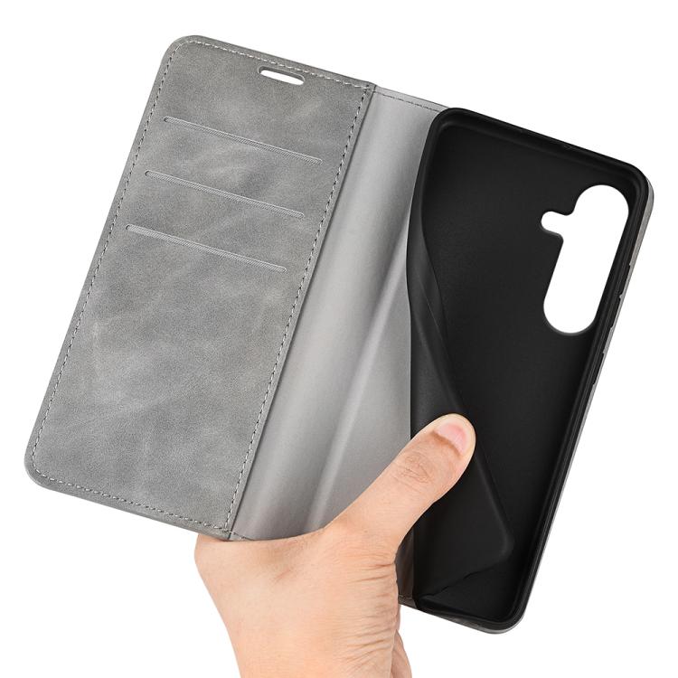 For Samsung Galaxy S25 5G Retro-skin Magnetic Suction Leather Phone Case(Grey) - Galaxy S25 5G Cases by PMC Jewellery | Online Shopping South Africa | PMC Jewellery | Buy Now Pay Later Mobicred