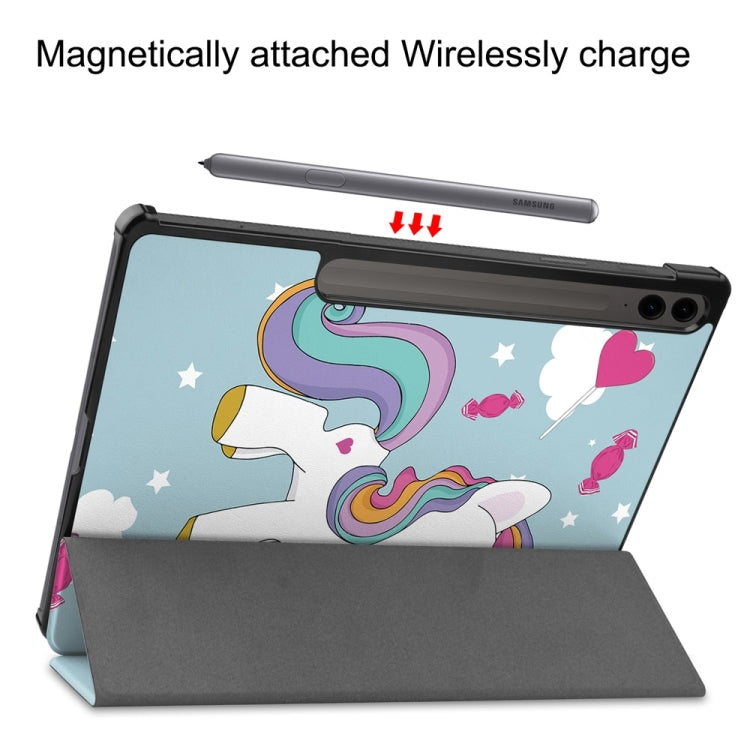 For Samsung Galaxy Tab S9 FE+ 12.4 JUNSUNMAY Custer Painted 3-Fold Stand Leather Smart Tablet Case(Unicorn) - Galaxy Tab S9 FE+ by JUNSUNMAY | Online Shopping South Africa | PMC Jewellery | Buy Now Pay Later Mobicred