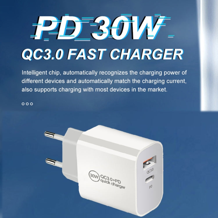PD30W USB-C / Type-C + QC3.0 USB Dual Port Charger with 1m Type-C to 8 Pin Data Cable, EU Plug - free shipping - PMC Jewellery - Order now!
