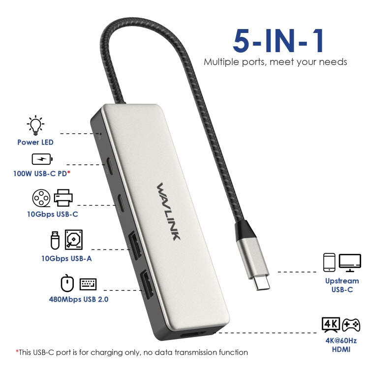 Wavlink UHP3415 85W Power Delivery USB-C/Type-C 10Gbps Hub 5 in 1 Multiport Connection Adapter - USB HUB by WAVLINK | Online Shopping South Africa | PMC Jewellery | Buy Now Pay Later Mobicred