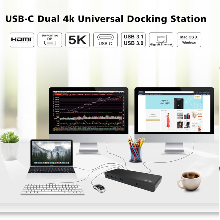 Wavlink UG69DK1 5K Type-C Dual Display USB 3.0 Video Gigabit Ethernet HDMI Docking Station, Plug:UK Plug - free shipping - PMC TechLife - Order now!