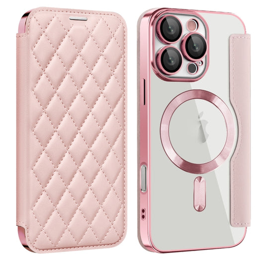 For iPhone 16 Pro Max Shield Magsafe RFID Anti-theft Rhombus Leather Phone Case(Pink) - iPhone 16 Pro Max Cases by PMC Jewellery | Online Shopping South Africa | PMC Jewellery | Buy Now Pay Later Mobicred