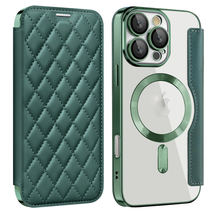 For iPhone 16 Pro Max Shield Magsafe RFID Anti-theft Rhombus Leather Phone Case(Green) - iPhone 16 Pro Max Cases by PMC Jewellery | Online Shopping South Africa | PMC Jewellery | Buy Now Pay Later Mobicred