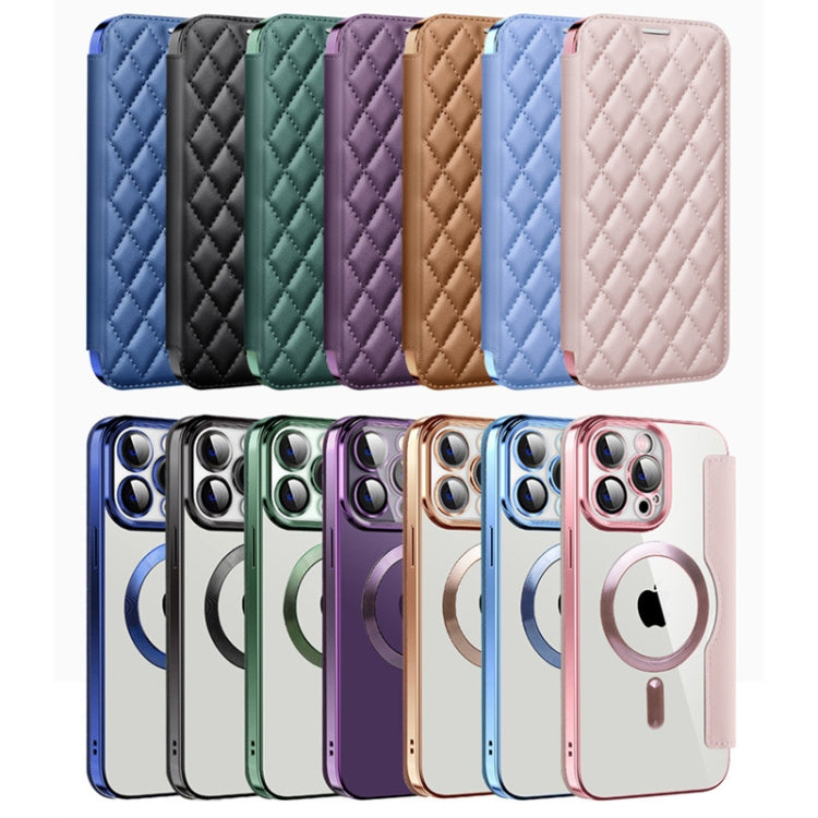 For iPhone 16e Shield Magsafe RFID Anti-theft Rhombus Leather Phone Case(Purple) - iPhone 16e Cases by PMC TechLife | Online Shopping South Africa | PMC TechLife | Buy Now Pay Later Mobicred