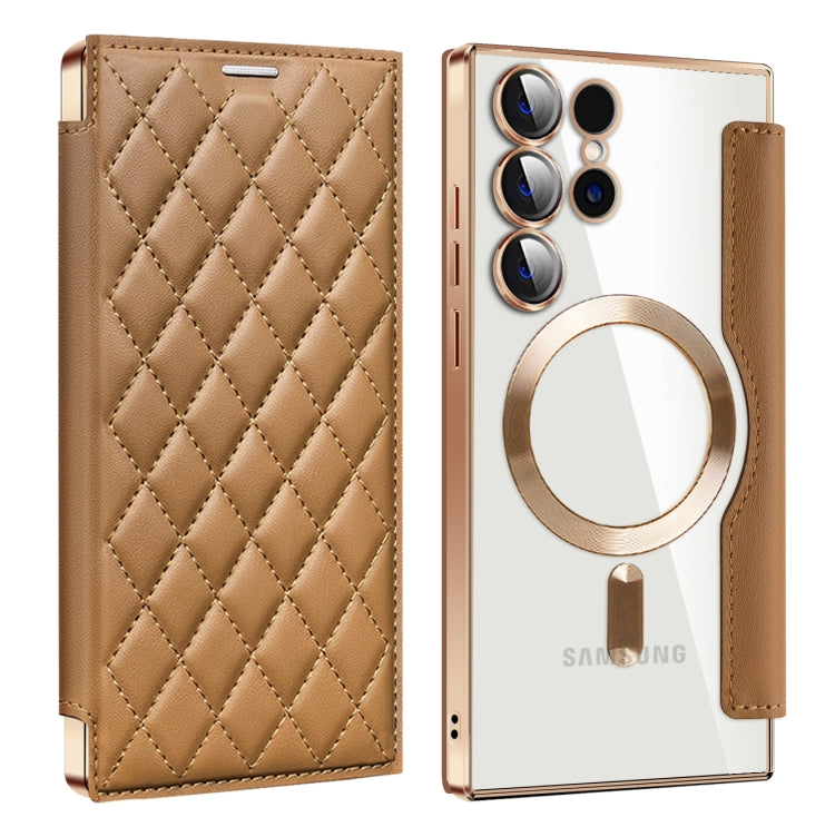 For Samsung Galaxy S25 Ultra 5G Shield MagSafe RFID Anti-theft Rhombus Leather Phone Case(Brown) - free shipping - PMC Jewellery - Order now!