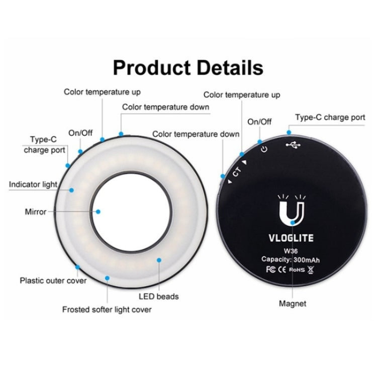 VLOGLITE W36 Mini LED Cell Phone Fill Light With Makeup Mirror Magnetic Selfie Ring Light - free shipping - PMc TechLife - Order now!