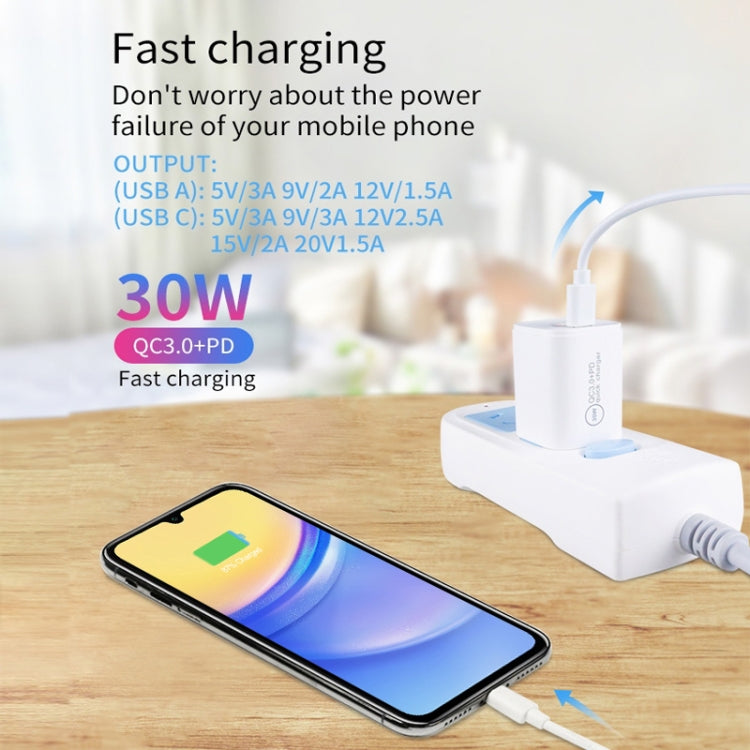 PD30W USB-C / Type-C + QC3.0 USB Charger with 1m USB to Type-C Data Cable, AU Plug(White) - USB Charger by PMC TechLife | Online Shopping South Africa | PMC TechLife | Buy Now Pay Later Mobicred