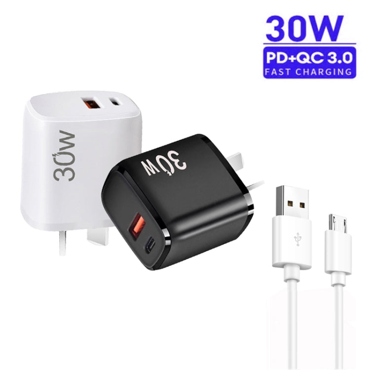 PD30W USB-C / Type-C + QC3.0 USB Charger with 1m USB to Micro USB Data Cable, AU Plug(Black) - USB Charger by PMC TechLife | Online Shopping South Africa | PMC TechLife | Buy Now Pay Later Mobicred