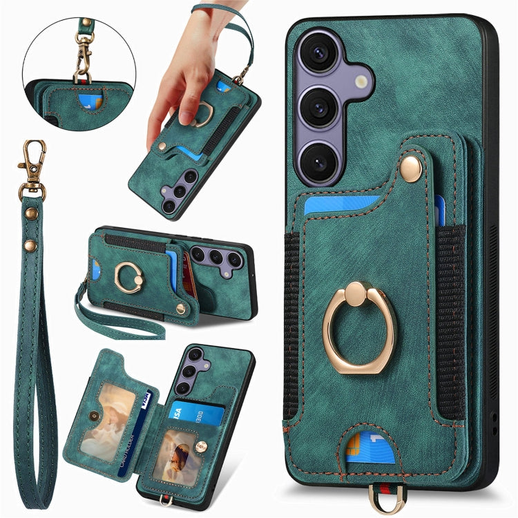 For Samsung Galaxy S25 5G Retro Skin-feel Ring Multi-card Wallet Phone Case(Green) - Galaxy S25 5G Cases by PMC TechLife | Online Shopping South Africa | PMC TechLife | Buy Now Pay Later Mobicred