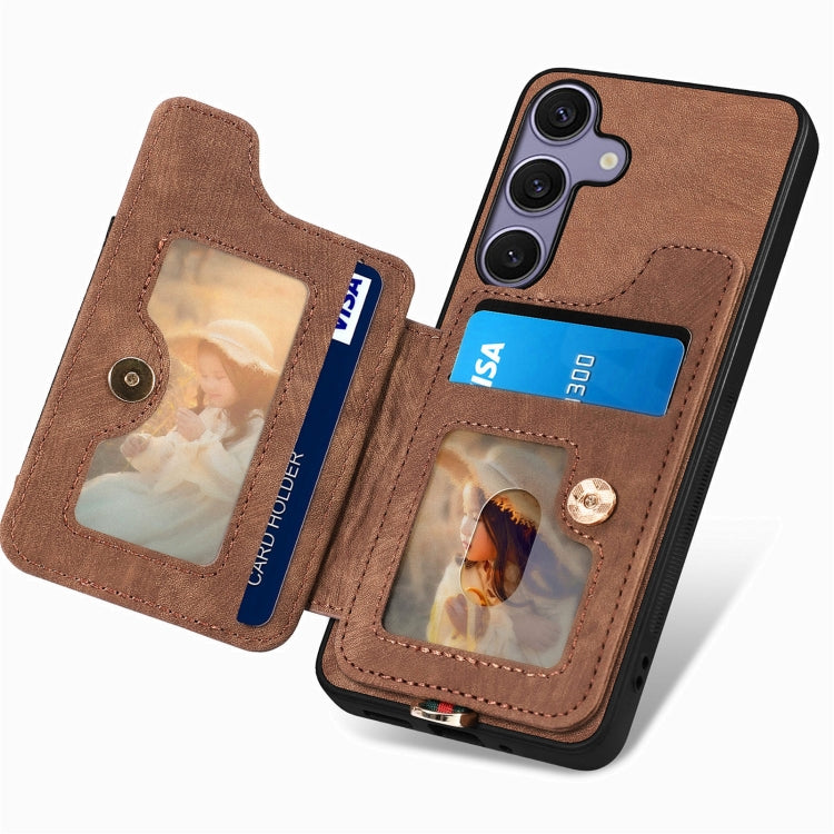 For Samsung Galaxy S25 5G Retro Skin-feel Ring Multi-card Wallet Phone Case(Brown) - Galaxy S25 5G Cases by PMC TechLife | Online Shopping South Africa | PMC TechLife | Buy Now Pay Later Mobicred
