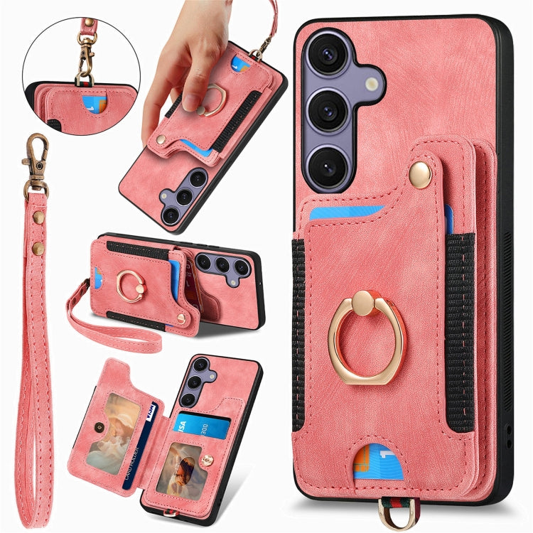 For Samsung Galaxy S25+ 5G Retro Skin-feel Ring Multi-card Wallet Phone Case(Pink) - Galaxy S25+ 5G Cases by PMC TechLife | Online Shopping South Africa | PMC TechLife | Buy Now Pay Later Mobicred