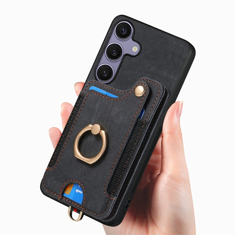 For Samsung Galaxy S25+ 5G Retro Skin-feel Ring Multi-card Wallet Phone Case(Black) - Galaxy S25+ 5G Cases by PMC TechLife | Online Shopping South Africa | PMC TechLife | Buy Now Pay Later Mobicred
