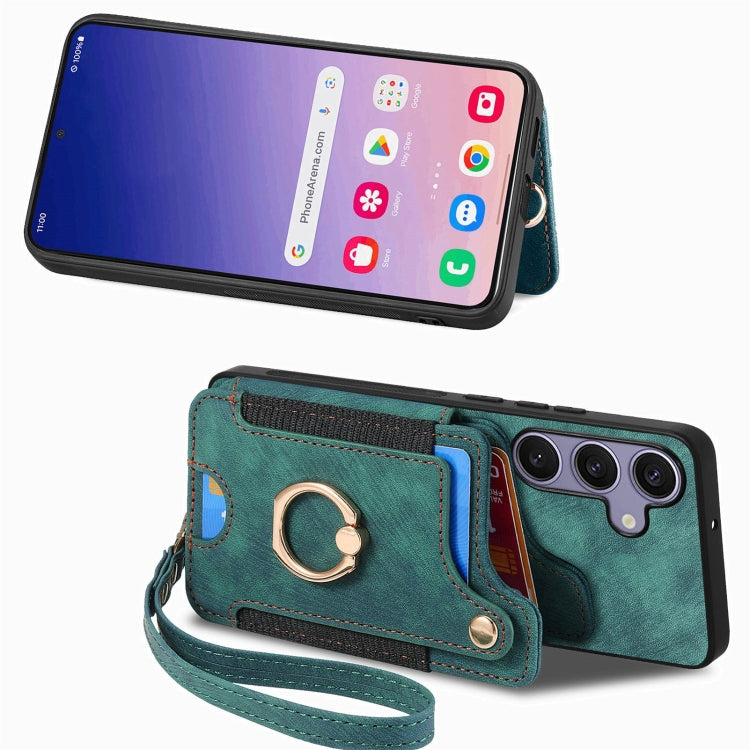 For Samsung Galaxy S25+ 5G Retro Skin-feel Ring Multi-card Wallet Phone Case(Green) - Galaxy S25+ 5G Cases by PMC TechLife | Online Shopping South Africa | PMC TechLife | Buy Now Pay Later Mobicred