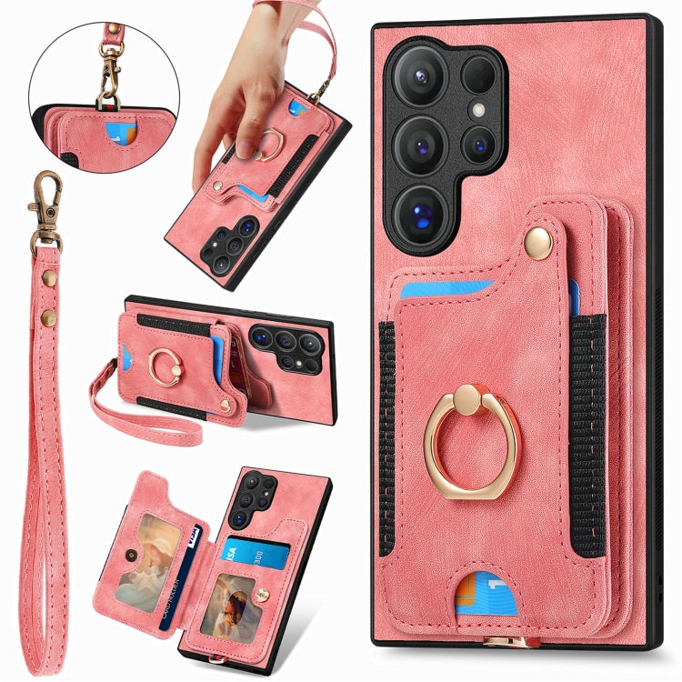 For Samsung Galaxy S25 Ultra 5G Retro Skin-feel Ring Multi-card Wallet Phone Case(Pink) - free shipping - PMC TechLife - Order now!