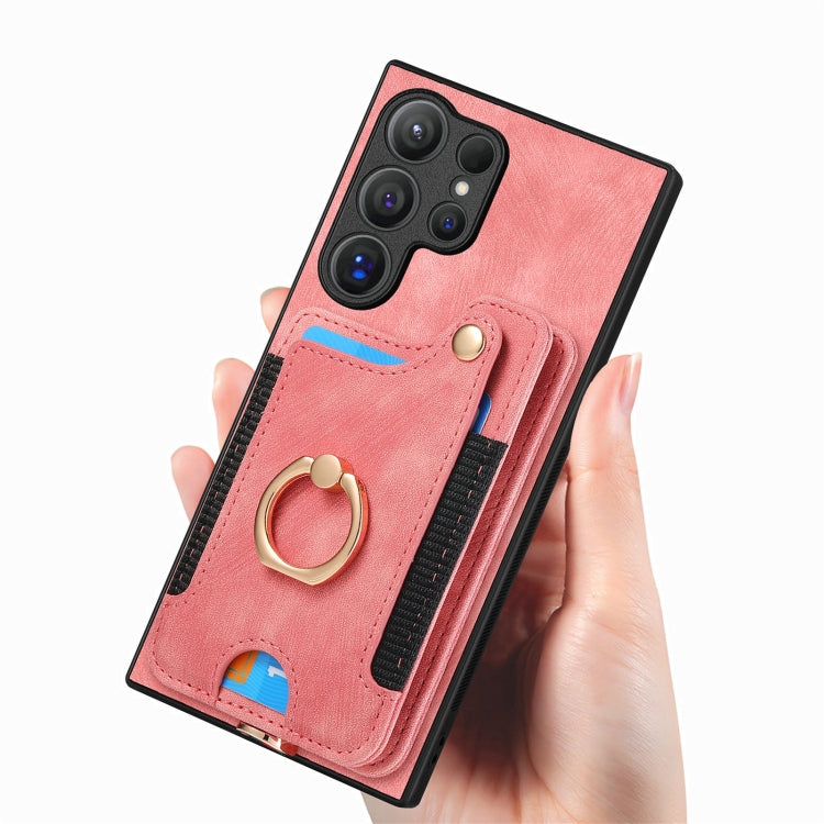 For Samsung Galaxy S25 Ultra 5G Retro Skin-feel Ring Multi-card Wallet Phone Case(Pink) - free shipping - PMC TechLife - Order now!