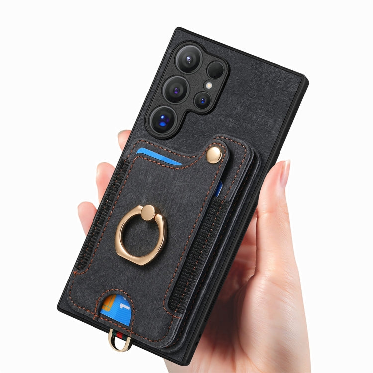 For Samsung Galaxy S25 Ultra 5G Retro Skin-feel Ring Multi-card Wallet Phone Case(Black) - Galaxy S25 Ultra 5G Cases by PMC TechLife | Online Shopping South Africa | PMC TechLife | Buy Now Pay Later Mobicred