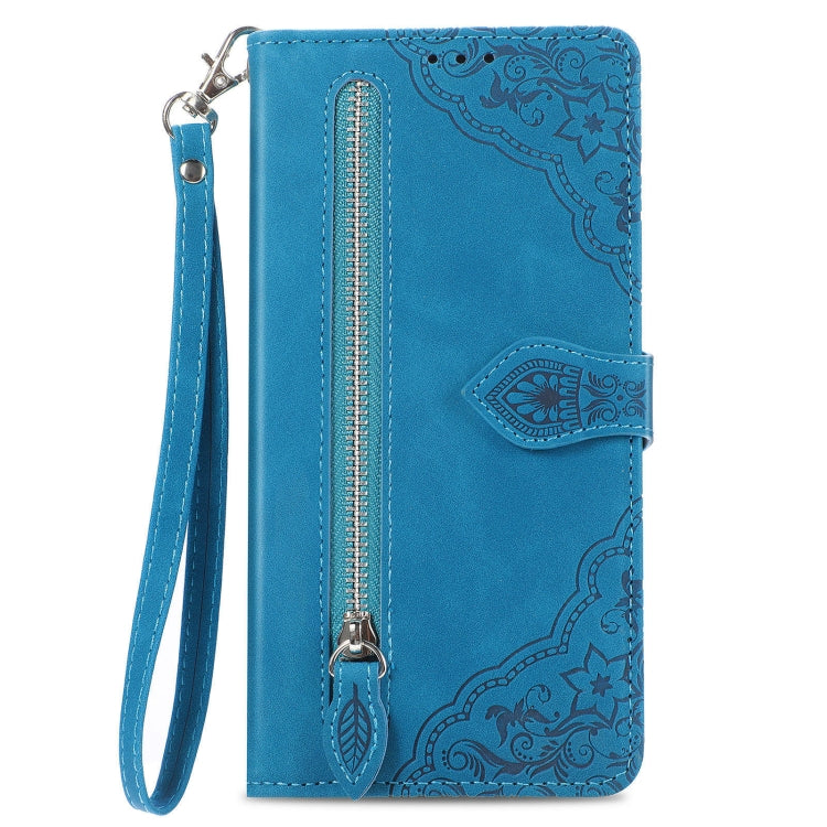 For Xiaomi Redmi K70 Embossed Flower Zipper Leather Phone Case(Blue) - K70 Cases by PMC Jewellery | Online Shopping South Africa | PMC Jewellery | Buy Now Pay Later Mobicred