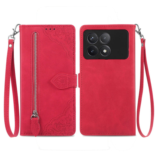 For Xiaomi Redmi K70 Embossed Flower Zipper Leather Phone Case(Red) - K70 Cases by PMC Jewellery | Online Shopping South Africa | PMC Jewellery | Buy Now Pay Later Mobicred