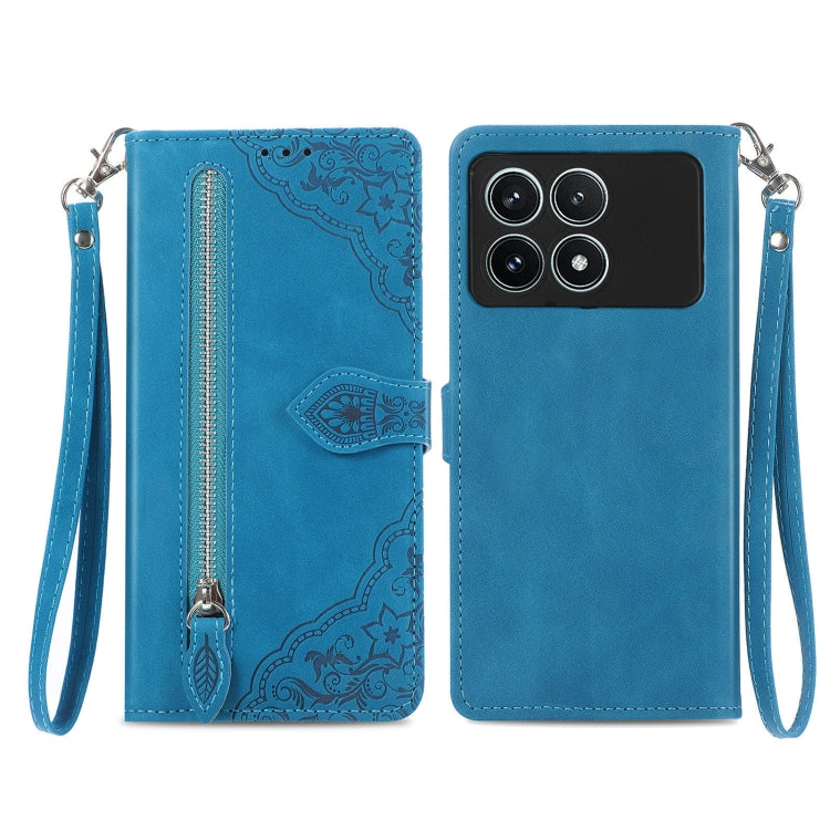 For Xiaomi Redmi K70 Pro Embossed Flower Zipper Leather Phone Case(Blue) - K70 Pro Cases by PMC Jewellery | Online Shopping South Africa | PMC Jewellery | Buy Now Pay Later Mobicred