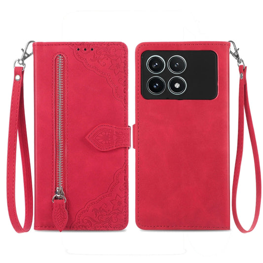 For Xiaomi Redmi K70 Pro Embossed Flower Zipper Leather Phone Case(Red) - K70 Pro Cases by PMC Jewellery | Online Shopping South Africa | PMC Jewellery | Buy Now Pay Later Mobicred