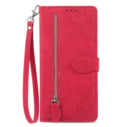 For Xiaomi Redmi K70 Pro Embossed Flower Zipper Leather Phone Case(Red) - K70 Pro Cases by PMC Jewellery | Online Shopping South Africa | PMC Jewellery | Buy Now Pay Later Mobicred