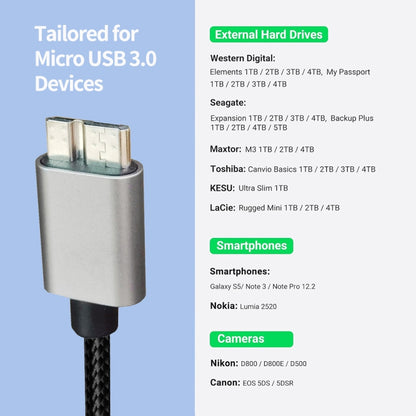 JUNSUNMAY USB 3.0 Male to Micro-B Cord Cable Compatible with Samsung Camera Hard Drive, Length:1m - USB Cable by JUNSUNMAY | Online Shopping South Africa | PMC Jewellery | Buy Now Pay Later Mobicred