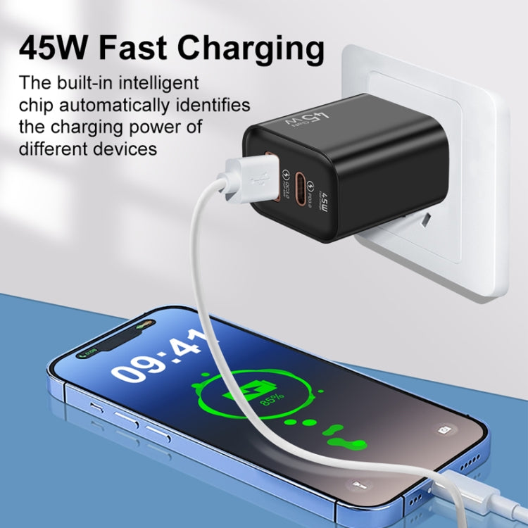 45PQ 45W PD25W + QC3.0 20W USB Super Fast Charger with Type-C to 8 Pin Cable, US Plug(White) - USB Charger by PMC Jewellery | Online Shopping South Africa | PMC Jewellery | Buy Now Pay Later Mobicred