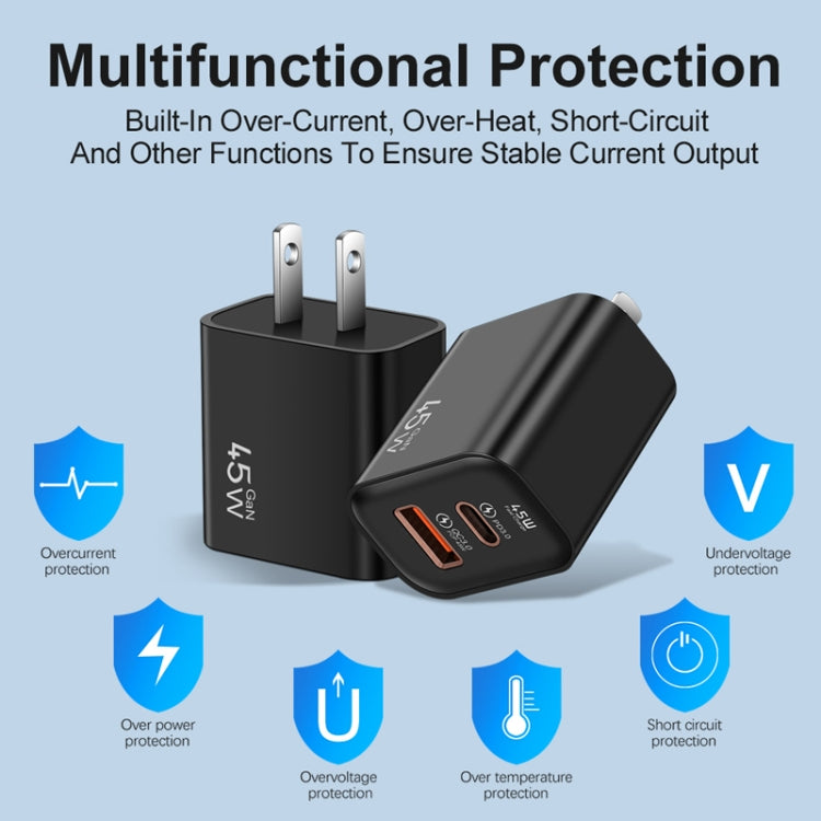 45PQ 45W PD25W + QC3.0 20W USB Super Fast Charger with Type-C to 8 Pin Cable, US Plug(Black) - free shipping - PMC Jewellery - Order now!