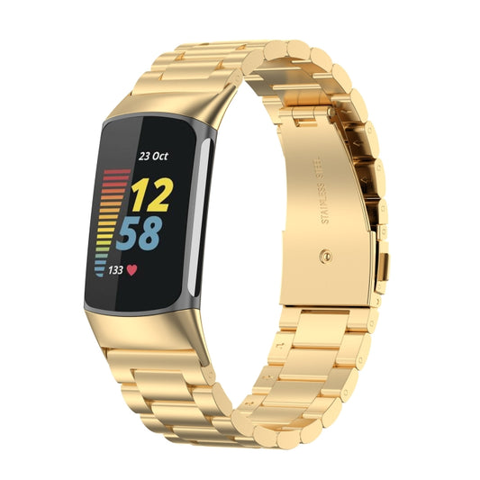 For Fitbit Charge 6 Three Beads Stainless Steel Metal Watch Band(Gold) - Watch Bands by PMC Jewellery | Online Shopping South Africa | PMC Jewellery | Buy Now Pay Later Mobicred