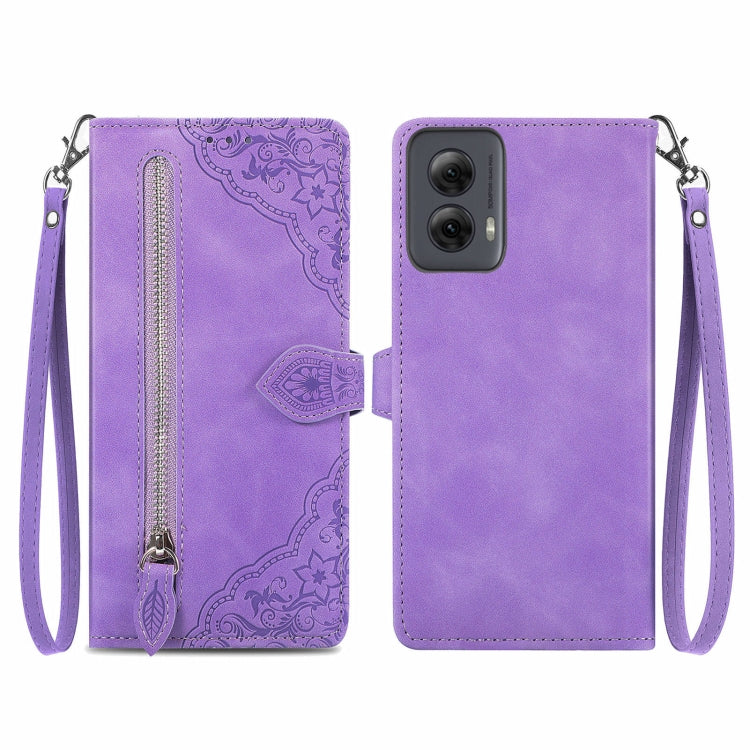 For Motorola Moto G Power 5G 2024 Embossed Flower Zipper Leather Phone Case(Purple) - Motorola Cases by PMC Jewellery | Online Shopping South Africa | PMC Jewellery | Buy Now Pay Later Mobicred