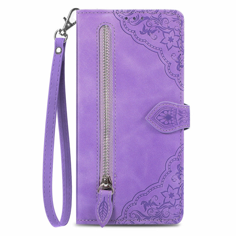 For Motorola Moto G Power 5G 2024 Embossed Flower Zipper Leather Phone Case(Purple) - Motorola Cases by PMC Jewellery | Online Shopping South Africa | PMC Jewellery | Buy Now Pay Later Mobicred