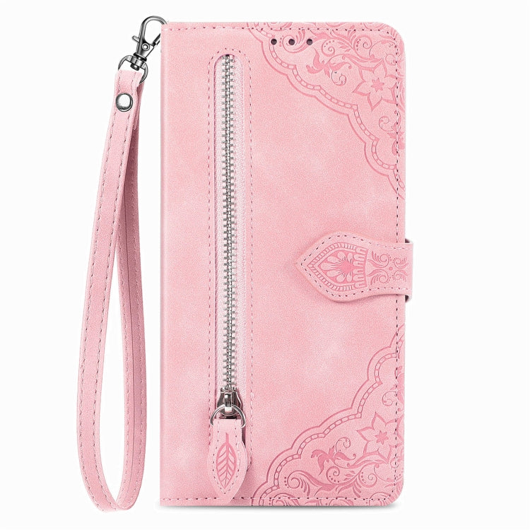 For Motorola Edge 2024 Embossed Flower Zipper Leather Phone Case(Pink) - Motorola Cases by PMC Jewellery | Online Shopping South Africa | PMC Jewellery | Buy Now Pay Later Mobicred