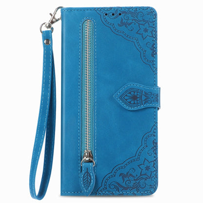 For Motorola Edge 2024 Embossed Flower Zipper Leather Phone Case(Blue) - Motorola Cases by PMC Jewellery | Online Shopping South Africa | PMC Jewellery | Buy Now Pay Later Mobicred