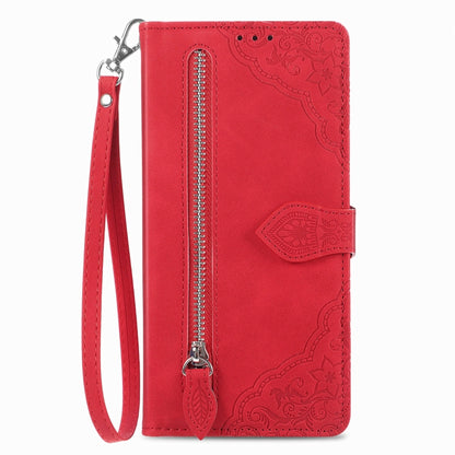 For Motorola Edge 2024 Embossed Flower Zipper Leather Phone Case(Red) - Motorola Cases by PMC Jewellery | Online Shopping South Africa | PMC Jewellery | Buy Now Pay Later Mobicred