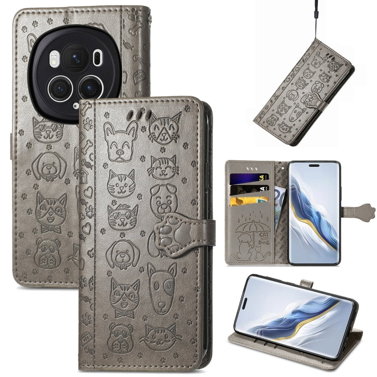 For Honor Magic6 Pro Cat and Dog Embossed Leather Phone Case(Grey) - Honor Cases by PMC Jewellery | Online Shopping South Africa | PMC Jewellery | Buy Now Pay Later Mobicred