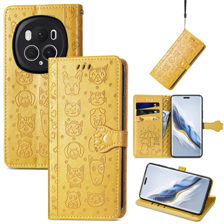 For Honor Magic6 Pro Cat and Dog Embossed Leather Phone Case(Yellow) - Honor Cases by PMC Jewellery | Online Shopping South Africa | PMC Jewellery | Buy Now Pay Later Mobicred