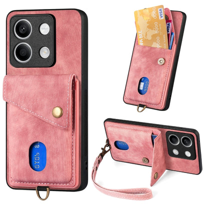 For Xiaomi Redmi Note 13 5G Retro Card Wallet Fold Leather Phone Case with Strap(Pink) - Note 13 Cases by PMC Jewellery | Online Shopping South Africa | PMC Jewellery | Buy Now Pay Later Mobicred