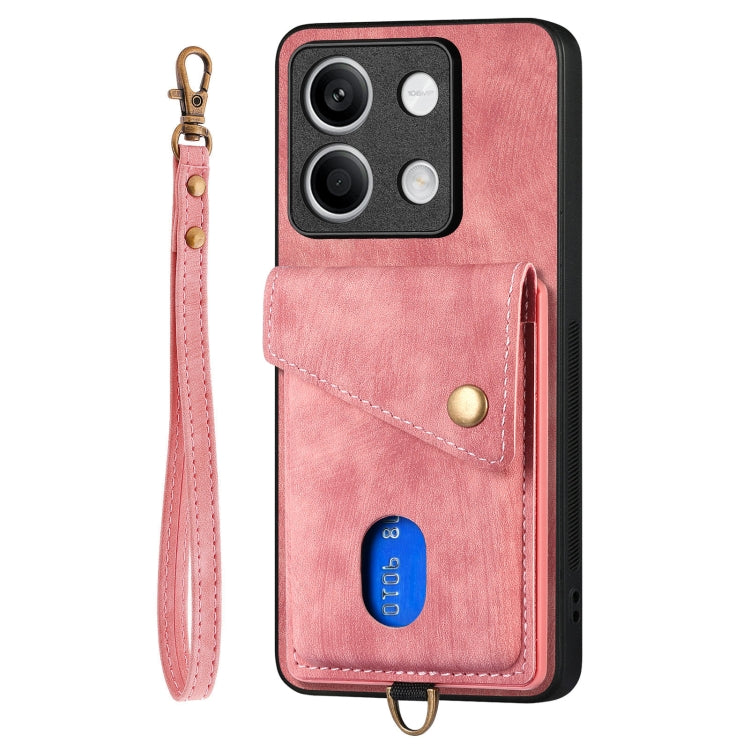 For Xiaomi Redmi Note 13 5G Retro Card Wallet Fold Leather Phone Case with Strap(Pink) - Note 13 Cases by PMC Jewellery | Online Shopping South Africa | PMC Jewellery | Buy Now Pay Later Mobicred