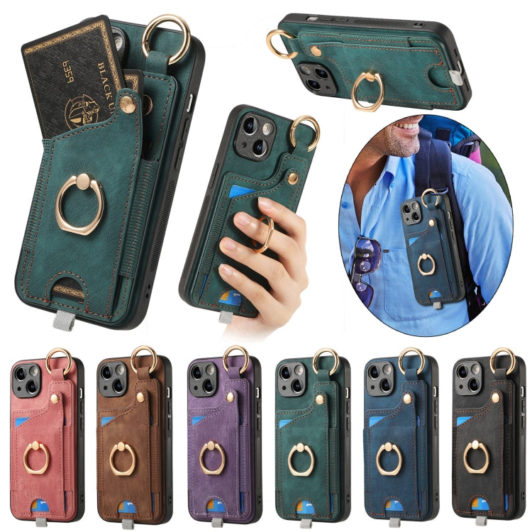 For iPhone 16e Retro Skin-feel Ring Card Bag Phone Case with Hang Loop(Black) - iPhone 16e Cases by PMC TechLife | Online Shopping South Africa | PMC TechLife | Buy Now Pay Later Mobicred