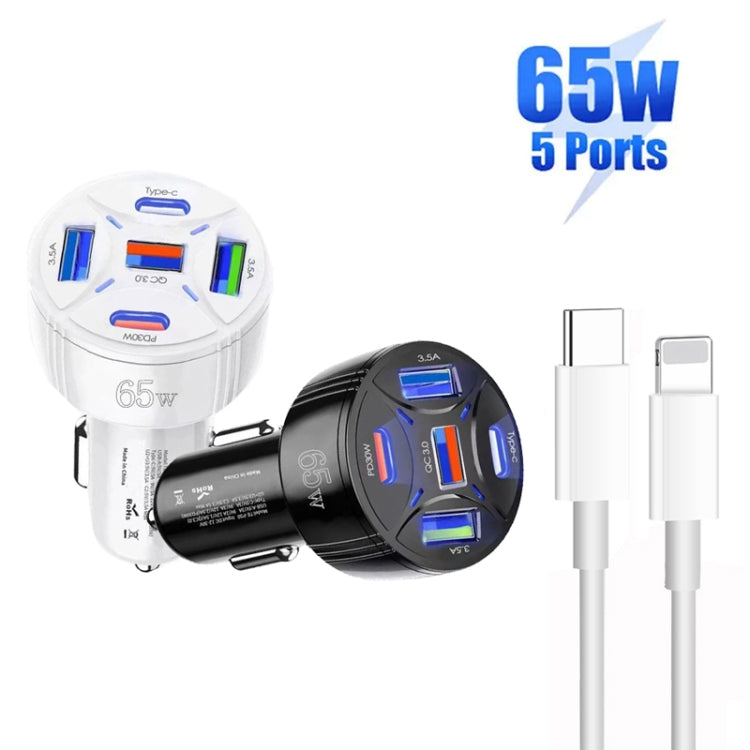 TE-P50 65W PD30W Type-C x 2 + USB x 3 Multi Port Car Charger with 1m Type-C to 8 Pin Data Cable(Black) - Car Charger by PMC TechLife | Online Shopping South Africa | PMC TechLife | Buy Now Pay Later Mobicred