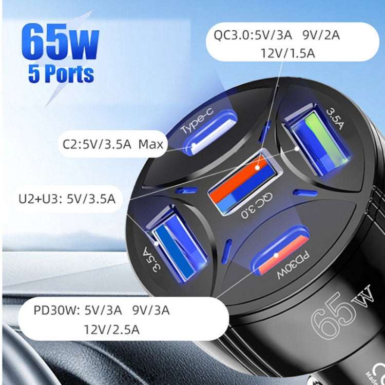TE-P50 65W PD30W Type-C x 2 + USB x 3 Multi Port Car Charger with 1m Type-C to 8 Pin Data Cable(Black) - Car Charger by PMC TechLife | Online Shopping South Africa | PMC TechLife | Buy Now Pay Later Mobicred