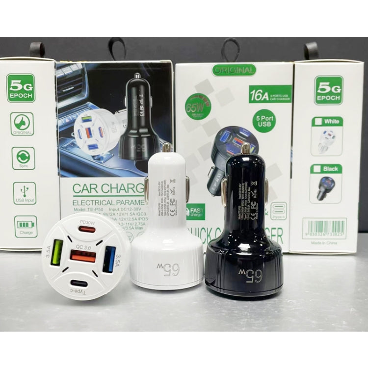 TE-P50 65W PD30W Type-C x 2 + USB x 3 Multi Port Car Charger with 1m Type-C to 8 Pin Data Cable(White) - Car Charger by PMC TechLife | Online Shopping South Africa | PMC TechLife | Buy Now Pay Later Mobicred