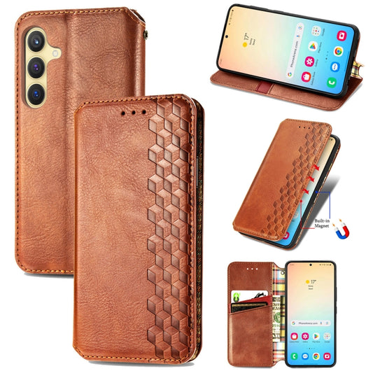 For Samsung Galaxy S25 5G Cubic Grid Pressed Magnetic Leather Phone Case(Brown) - Galaxy S25 5G Cases by PMC Jewellery | Online Shopping South Africa | PMC Jewellery | Buy Now Pay Later Mobicred