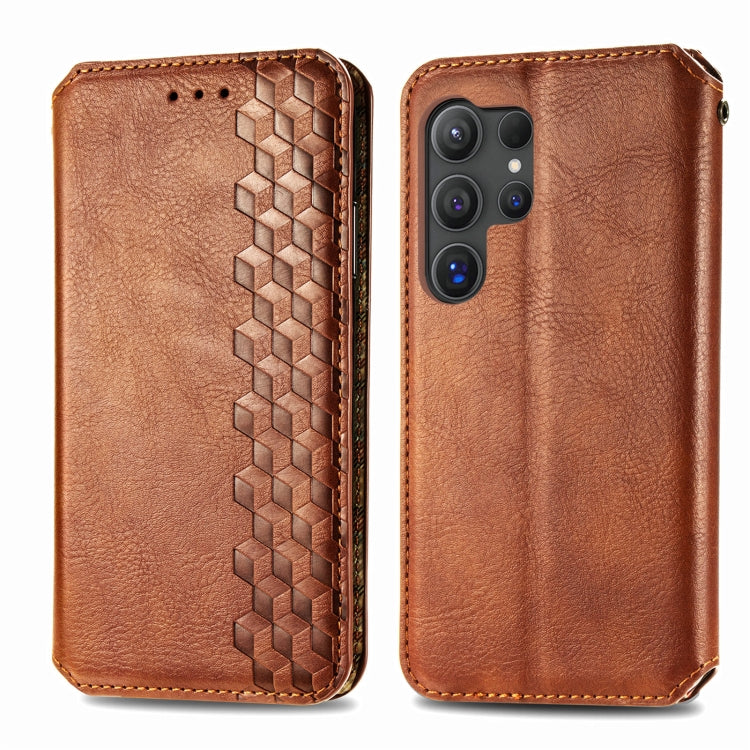 For Samsung Galaxy S25 Ultra 5G Cubic Grid Pressed Magnetic Leather Phone Case(Brown) - Galaxy S25 Ultra 5G Cases by PMC Jewellery | Online Shopping South Africa | PMC Jewellery | Buy Now Pay Later Mobicred